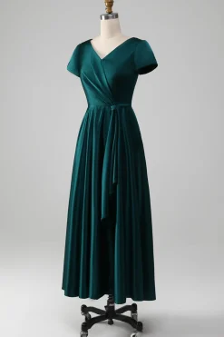 Peacock Satin V-neck A-line Pleated Mother of the Bride Dress