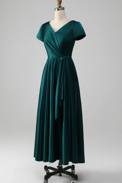 Peacock Satin V-neck A-line Pleated Mother of the Bride Dress