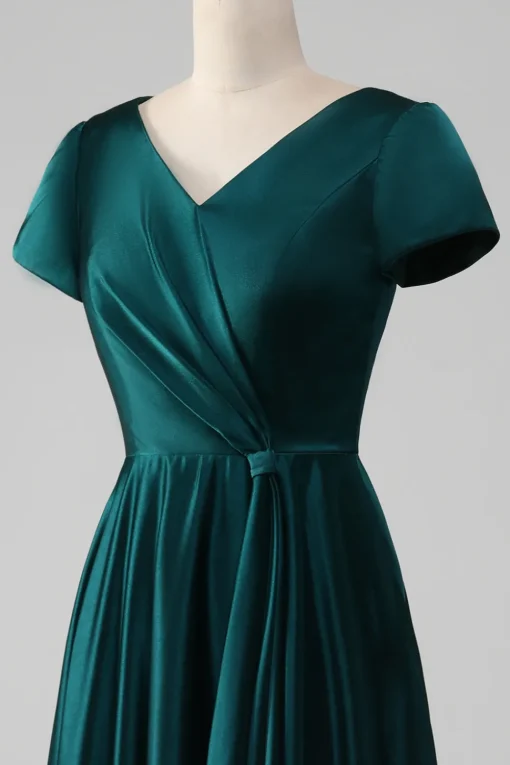 Peacock Satin V-neck A-line Pleated Mother of the Bride Dress