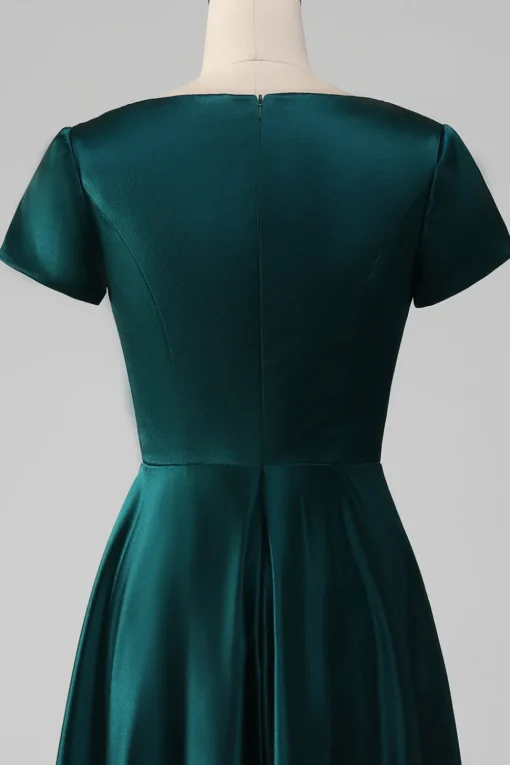 Peacock Satin V-neck A-line Pleated Mother of the Bride Dress