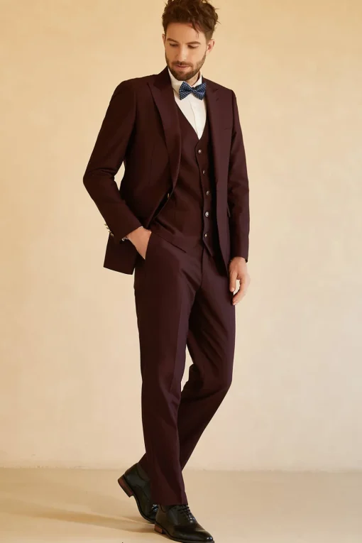 Peak Lapel Single Button Burgundy Men's Wedding Suit