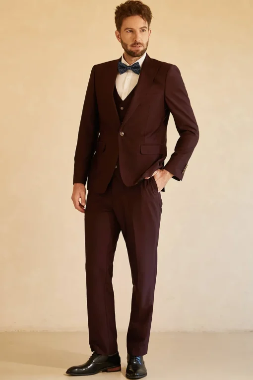 Peak Lapel Single Button Burgundy Men's Wedding Suit