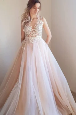 Pearl Pink Illusion Neck Long Prom Dress