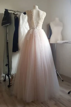 Pearl Pink Illusion Neck Long Prom Dress
