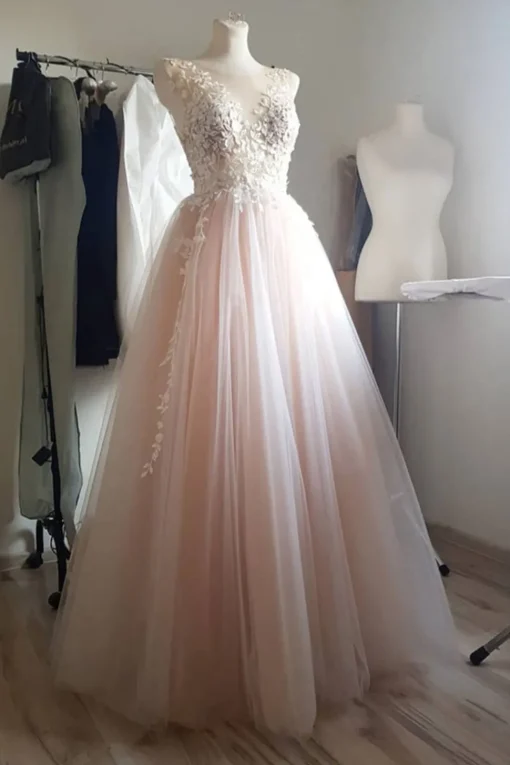 Pearl Pink Illusion Neck Long Prom Dress