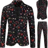 3 Pieces Black One Button Bell Cane Print Men's Christmas Suit