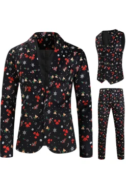 3 Pieces Black One Button Bell Cane Print Men's Christmas Suit