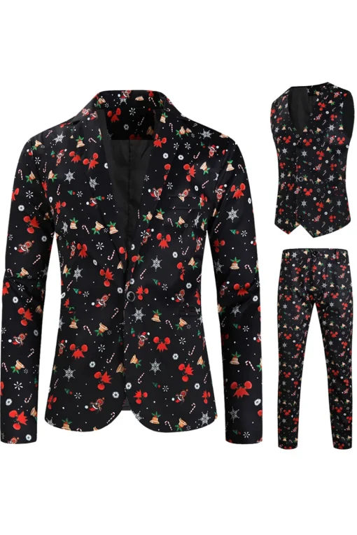 3 Pieces Black One Button Bell Cane Print Men's Christmas Suit