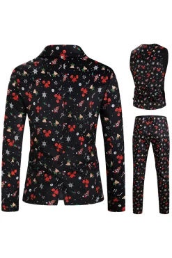 3 Pieces Black One Button Bell Cane Print Men's Christmas Suit