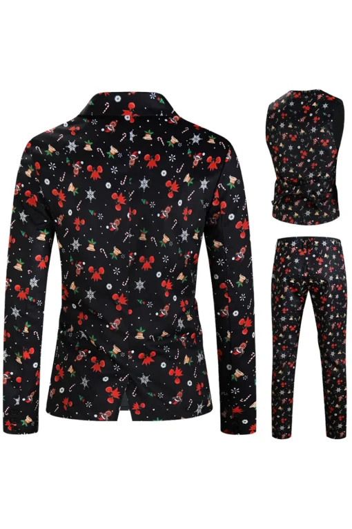 3 Pieces Black One Button Bell Cane Print Men's Christmas Suit