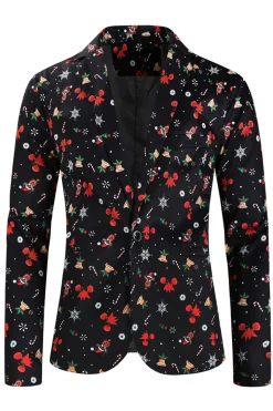 3 Pieces Black One Button Bell Cane Print Men's Christmas Suit