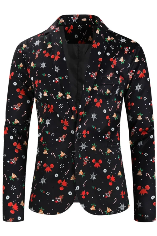 3 Pieces Black One Button Bell Cane Print Men's Christmas Suit