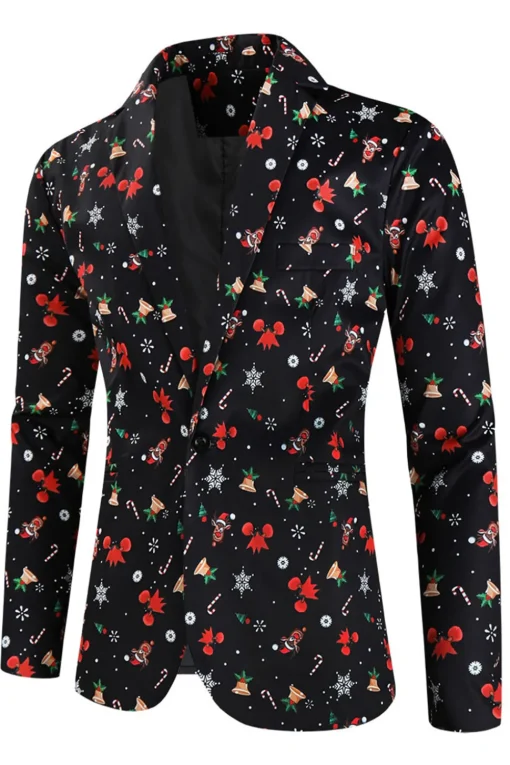 3 Pieces Black One Button Bell Cane Print Men's Christmas Suit