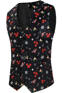 3 Pieces Black One Button Bell Cane Print Men's Christmas Suit