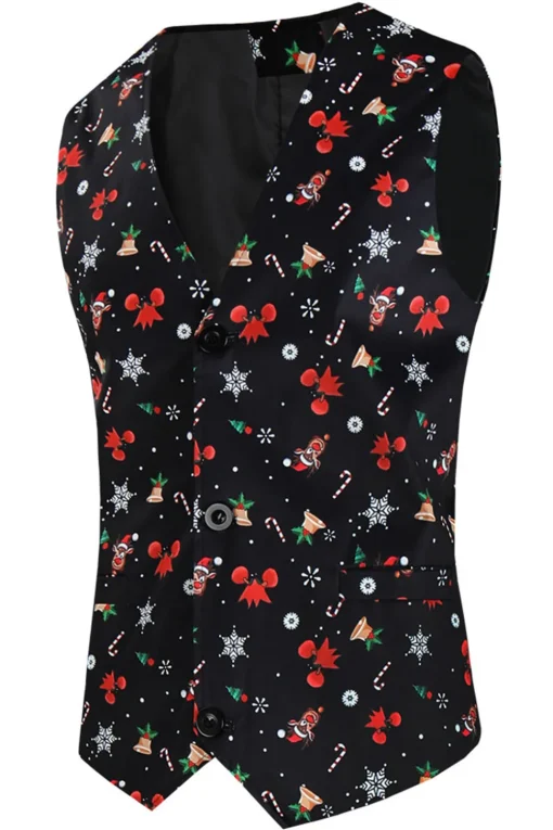 3 Pieces Black One Button Bell Cane Print Men's Christmas Suit