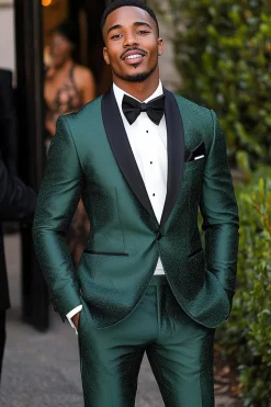 2 Pieces Black Shawl Lapel Dark Green Men's luxurious Prom Suits with One Button