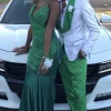 2 Pieces Green Shawl Lapel Green Pants White Jacquard Prom Suits with One Button