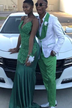 2 Pieces Green Shawl Lapel Green Pants White Jacquard Prom Suits with One Button
