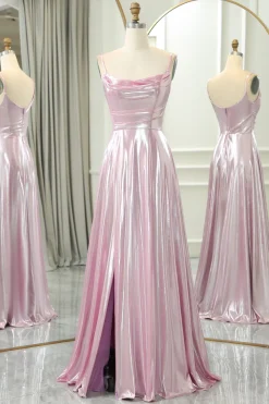 Pink A Line Spaghetti Straps Long Prom Dress with Slit
