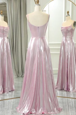 Pink A Line Spaghetti Straps Long Prom Dress with Slit