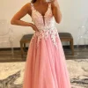 Pink A Line Tulle Prom Dress with Appliques