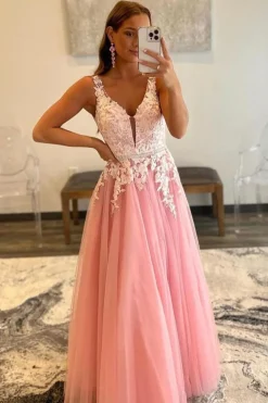 Pink A Line Tulle Prom Dress with Appliques