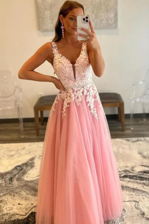 Pink A Line Tulle Prom Dress with Appliques