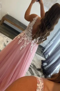 Pink A Line Tulle Prom Dress with Appliques