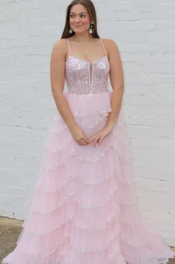 Pink A-line Spaghetti Straps Tulle Tiered Corset Prom Dress with Slit