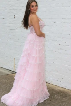 Pink A-line Spaghetti Straps Tulle Tiered Corset Prom Dress with Slit