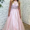 Pink Appliques A Line Spaghetti Straps Long Prom Dress