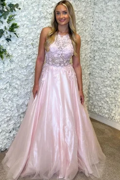 Pink Appliques A Line Spaghetti Straps Long Prom Dress
