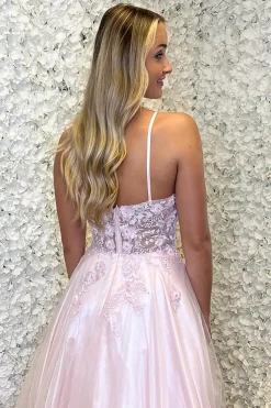 Pink Appliques A Line Spaghetti Straps Long Prom Dress