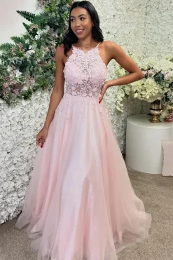 Pink Appliques A Line Spaghetti Straps Long Prom Dress