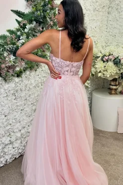Pink Appliques A Line Spaghetti Straps Long Prom Dress
