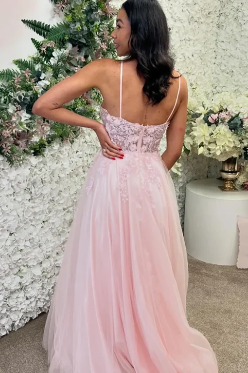Pink Appliques A Line Spaghetti Straps Long Prom Dress