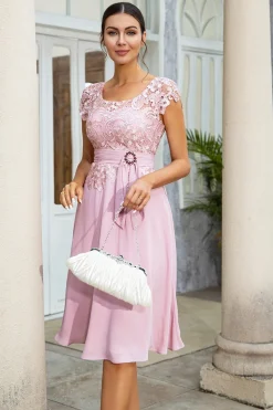 Pink Chiffon Mother of the Bride Dress with Lace