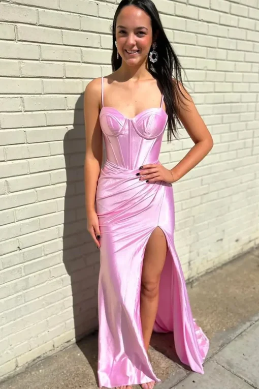 Pink Corset Pleated Mermaid Prom Dress with Slit