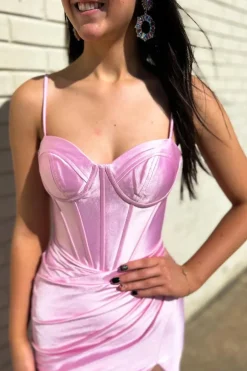 Pink Corset Pleated Mermaid Prom Dress with Slit