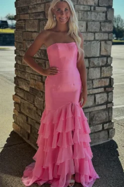 Pink Corset Strapless Mermaid Prom Dress with Slit