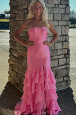 Pink Corset Strapless Mermaid Prom Dress with Slit