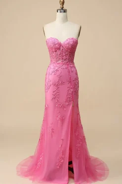 Pink Corset Sweetheart Long Lace Mermaid Prom Dress with Slit