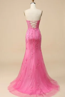 Pink Corset Sweetheart Long Lace Mermaid Prom Dress with Slit
