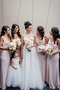 Pink Cowl Neck Satin Bridesmaid Dress With Pleated