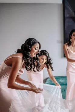 Pink Cowl Neck Satin Bridesmaid Dress With Pleated