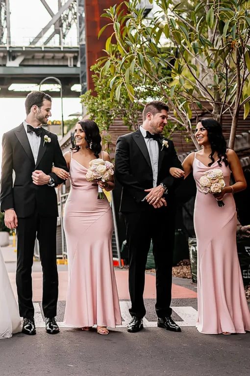Pink Cowl Neck Satin Bridesmaid Dress With Pleated