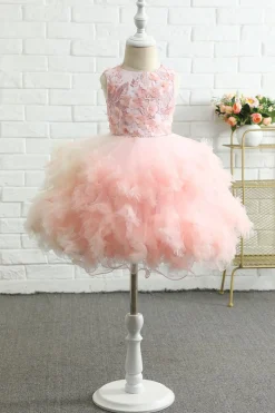 Pink Embroidery Tulle Flower Girl Dress