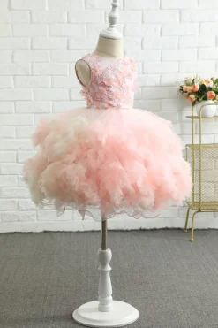 Pink Embroidery Tulle Flower Girl Dress