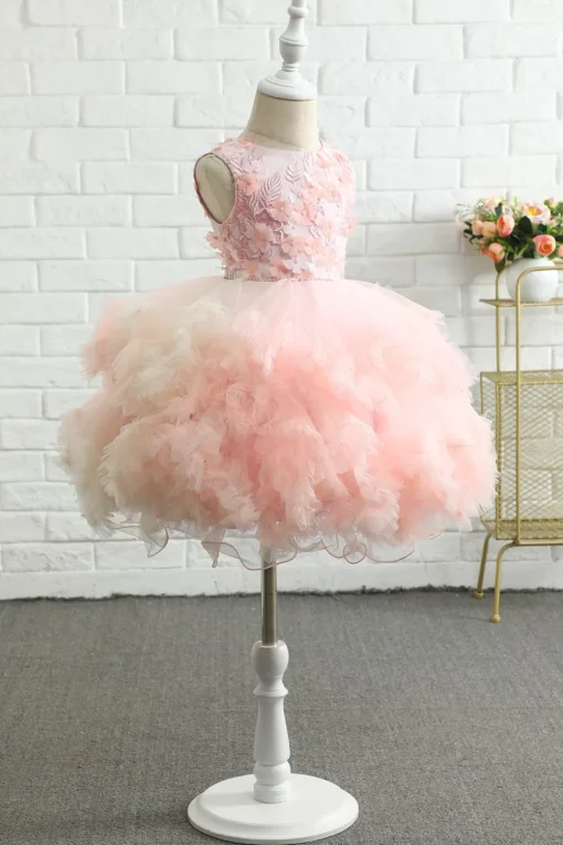 Pink Embroidery Tulle Flower Girl Dress