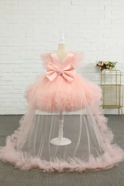 Pink High-low Tulle Flower Girl Dress with Bow